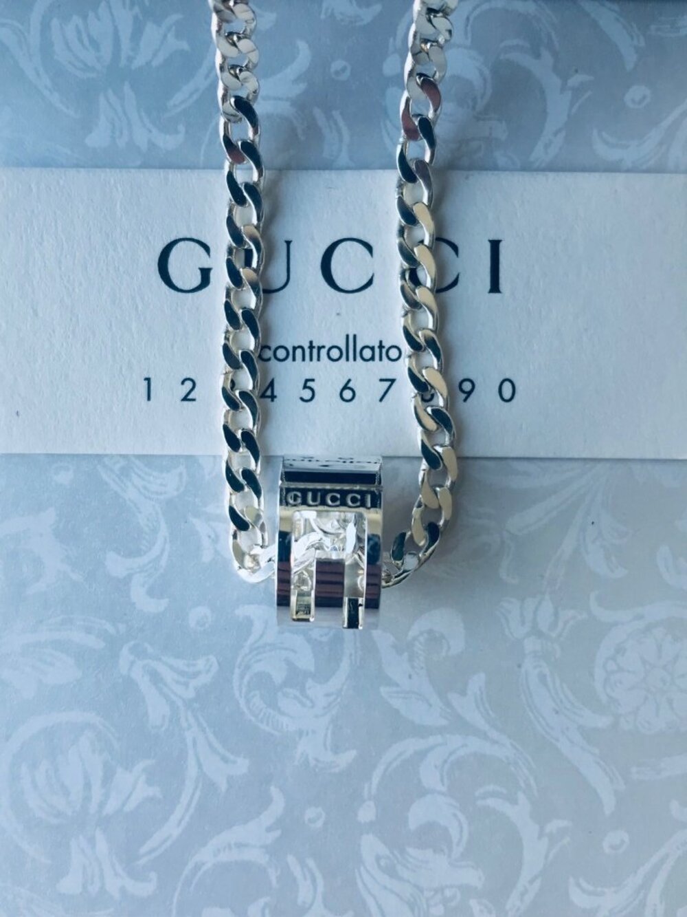 Gucci Necklace Open G Cutout GG Ring Pendant Silver Ag925 Curb Chain w GucciBox